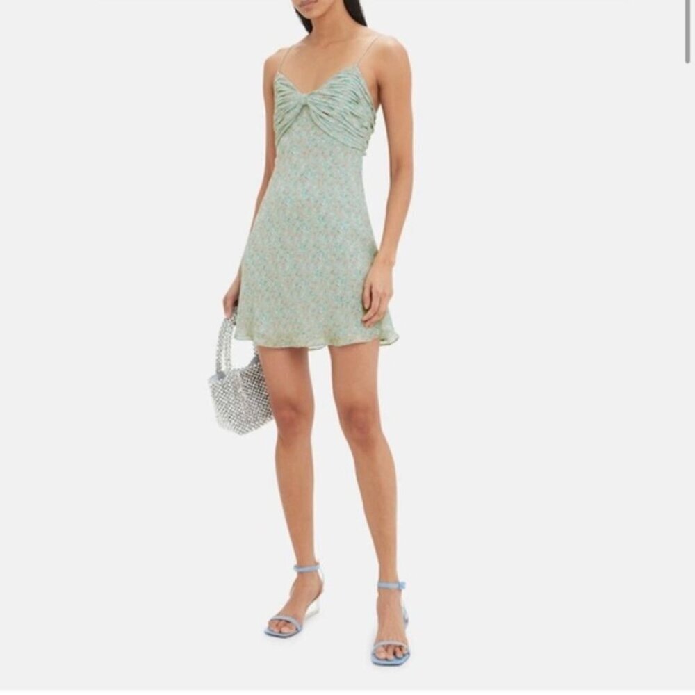 DIVINE HERITAGE Mini Dress in Floral Printed Sage Slip Green Ruched Spaghetti XS